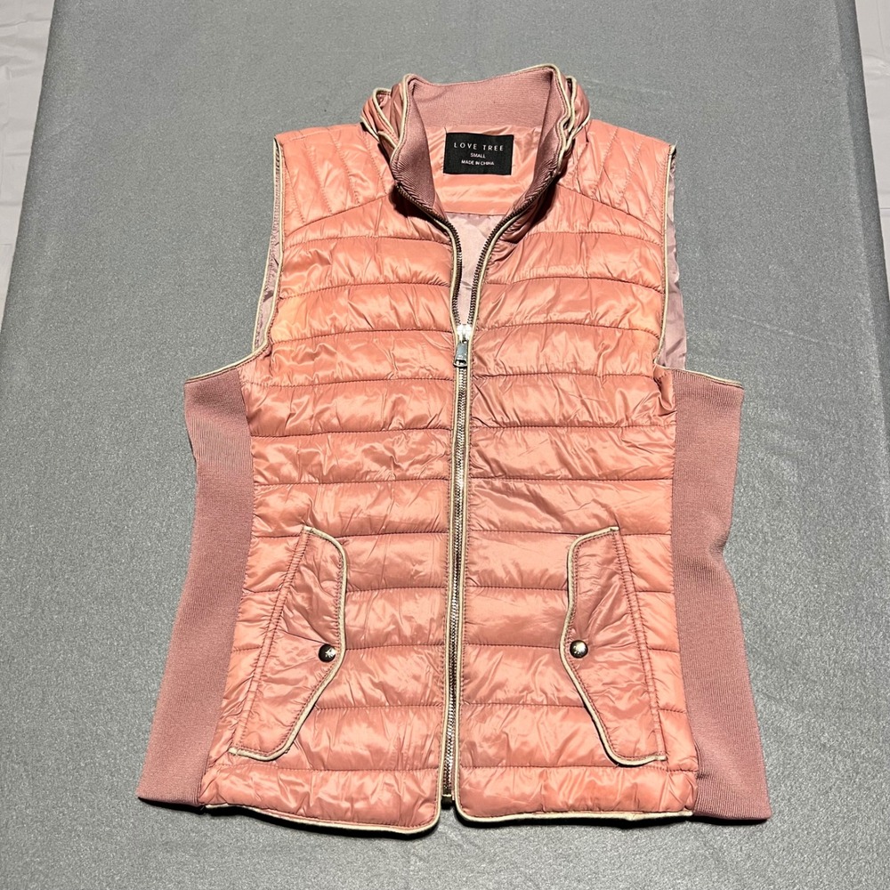 Love Tree Womens Dusty Rose Pink Quilted Puffer Vest Small Mock Neck Ribbed Side